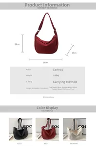 Detailed size specifications and three-color options for the large canvas dumpling bag