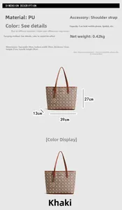 Détails du sac fourre-tout en cuir PU kaki avec pendentif M et dimensions précises