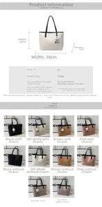 Detailed size chart and specifications for large capacity PU leather tote bag in six colors