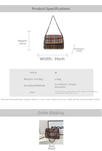 Size guide for large plaid tote bag showing dimensions height 25cm and width 36cm