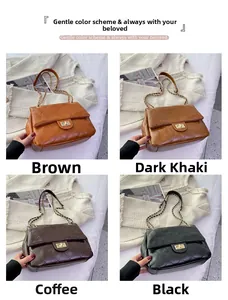 Detailed grid showing four colors of quilted flap bags with chain straps and metal locks