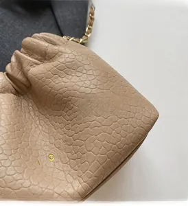 Detail of lychee pattern leather on beige cloud bag with gold metal chain and logo