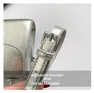 Macro shot of silver metallic adjustable shoulder strap with buckle detail for bag