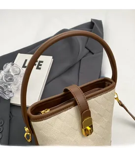 Détails du sac seau bicolore en cuir grainé avec fermoir doré et poignée élégante