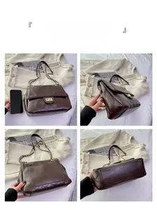 Detailed four-view display of a brown quilted crossbody bag with gold chain and turn-lock