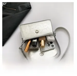 Silver textured crossbody bag showing internal capacity for phone and cosmetics