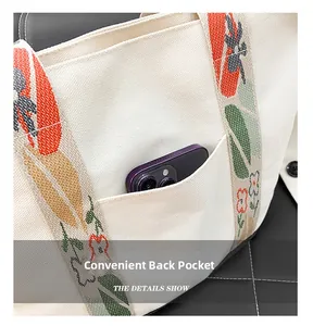 Détail montrant la poche arrière du sac en toile avec un smartphone pour le rangement