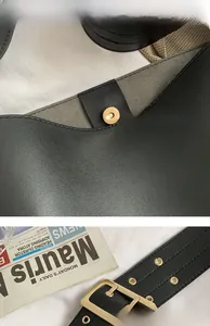 Détails du sac seau en cuir noir avec fermoir magnétique et large bandoulière