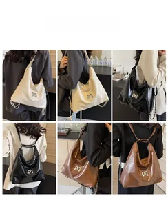 Three variants of oversized ruched hobo bags in beige, black, and brown with chain straps