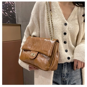 Brown quilted crossbody bag with gold chain strap shown on a model side view