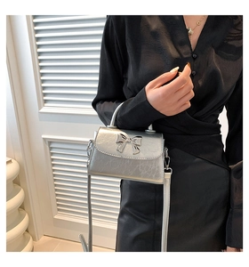 Detail of silver metallic handbag with bow accent and crossbody chain strap