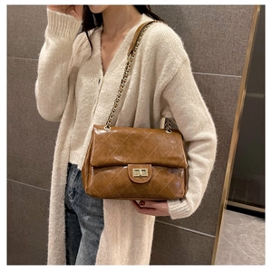 Detailed view of brown quilted crossbody bag with gold chain strap on a model