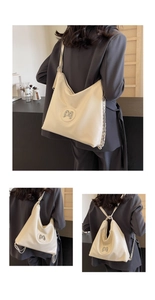 Detail of cream leather versatile bag showing crossbody and backpack styling with silver M logo