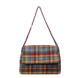 Classic colorful plaid chain tote bag with woven fabric and metallic logo detail