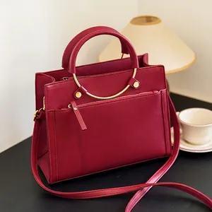 Women Handbag PU Leather Litchi Texture Gold Metal Handle Crossbody Shoulder Bag Elegant Daily Wedding Large Capacity