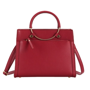 Elegant red wedding handbag with lychee texture leather and golden metal ring handles