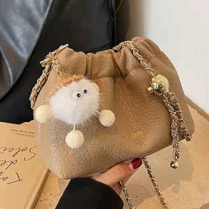 Pleated Cloud Crossbody Bag Women PU Leather Litchi Pattern Drawstring Adjustable Chain Shoulder Bag Plush Charm Pendant