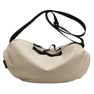 Off-white Oxford fabric crossbody dumpling bag with wide black strap and large capacity