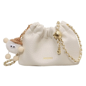 White pleated cloud bucket bag with gold chain strap and cute plush lamb pendant