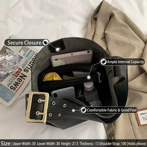 Sac seau rétro en cuir PU noir avec large bandoulière et grande capacité pour essentiels
