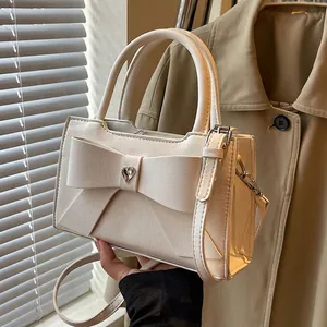 Women PU Leather Crossbody Bag Large Bow Decor Heart Rhinestone Chic Handbag Small Square Tote Adjustable Strap