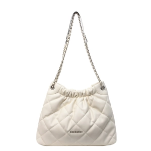 Chic beige quilted chain bucket bag with rhombic pattern and drawstring closure