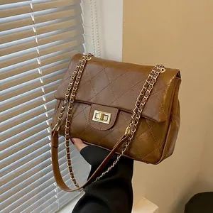 Quilted Shoulder Bag PU Leather Metal Chain Strap Flap Crossbody Bag Elegant Vintage Versatile Square Handbag For Women