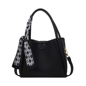 Classic black bucket bag in lychee pattern leather with stylish checkered scarf handle