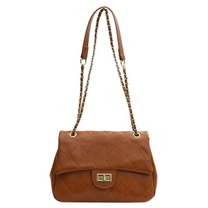 Brown quilted chain shoulder bag with gold twist-lock and faux leather diamond texture