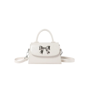 Elegant cream white leather mini square bag with silver metal bow and detachable strap
