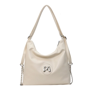 Creamy white leather Hobo shoulder bag with metal M logo and adjustable strap