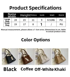Detailed size chart for retro PU bucket bag set showing dimensions for large and inner bags