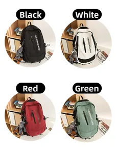 Close-up of a large capacity canvas backpack available in black, white, red, and green colors