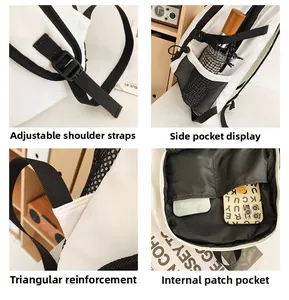 Detail view of adjustable straps, side mesh pocket, and reinforced stitching on white backpack