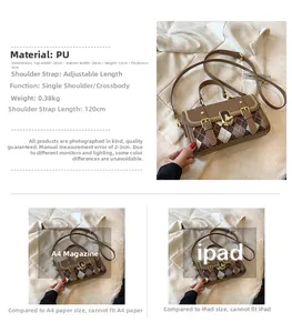 Detail view of coffee-colored quilted PU leather bag with gold hardware and dimensions