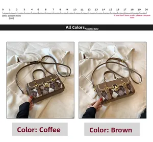 Detail view of retro satchel bags in brown and coffee with dual buckles and ruler scale