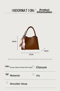 Dimensions détaillées du sac seau en cuir marron avec foulard et annotations de taille