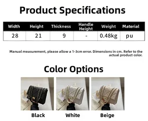 Detailed size specifications for quilted faux leather chain bag in multiple colors