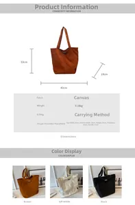 Size chart for large canvas tote bag showing dimensions 33x40x18cm and three colors
