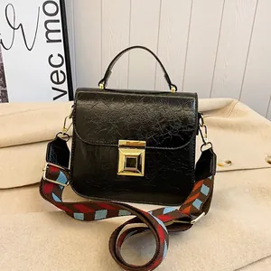 Retro PU Leather Crossbody Handbag Gold Square Buckle Geometric Wide Woven Strap Urban Small Square Bag For Women