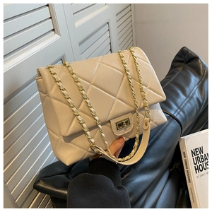 Close-up of beige quilted chain bag with gold twist lock and woven leather strap