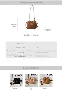 Detailed dimension guide and specifications for the vintage drawstring bucket bag in PU leather