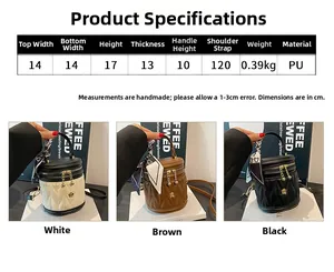 Detailed size chart and dimensions of the quilted bucket bag with stylish floral charm