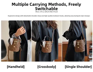 Three-way styling of a brown quilted bucket bag with silk scarf handle and gold floral hardware