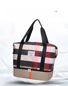 Vue détaillée du sac de voyage en tissu Oxford à carreaux avec compartiment à chaussures