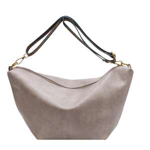 Large grey faux leather half-moon shoulder bag with retro patterned woven strap