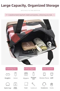 Vue détaillée de l'intérieur du grand sac à carreaux avec compartiments pour ordinateur