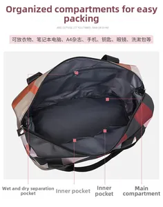 Détail de la poche de séparation sec-humide et de l'intérieur de ce sac de voyage Oxford
