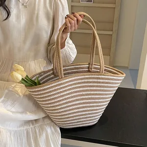 Gestreifte Gewebte Tragetasche Große Kapazität Handgewebte Handtasche Lässige Strand Urlaub Umhängetasche Für Damen