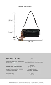 Detailed dimension guide for black cylinder bag with bow and rabbit charm accessory